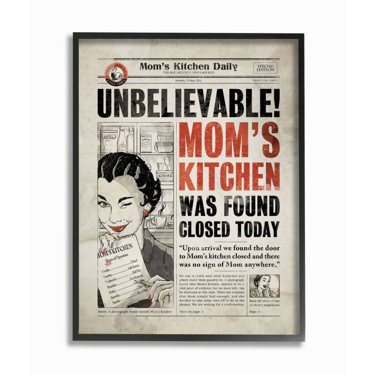 Stupell Industries Mom&#x27;s Kitchen Newspaper Wall Art in Black Frame